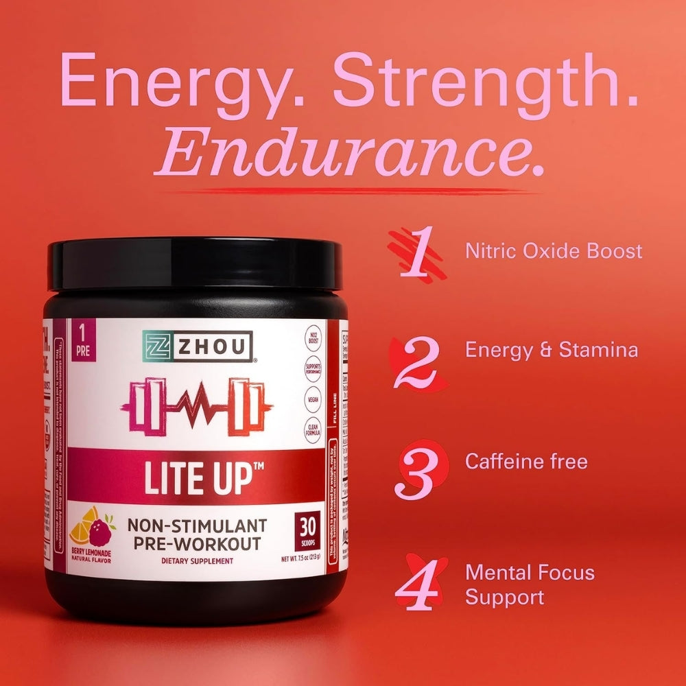 Zhou Lite Up Pre-Workout. Nitric Oxide Boost, Mental Focus Support.