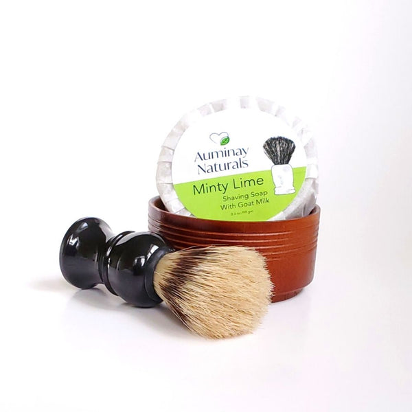 Shave Like a Boss Gift Set with natural shaving soap, wooden bowl, and natural bristle brush. Auminay Naturals.