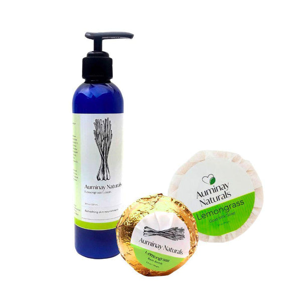 Lemongrass Spa Set with Lotion, Bath Bomb, and Goat Milk Soap. Self care gift set from Auminay Naturals.