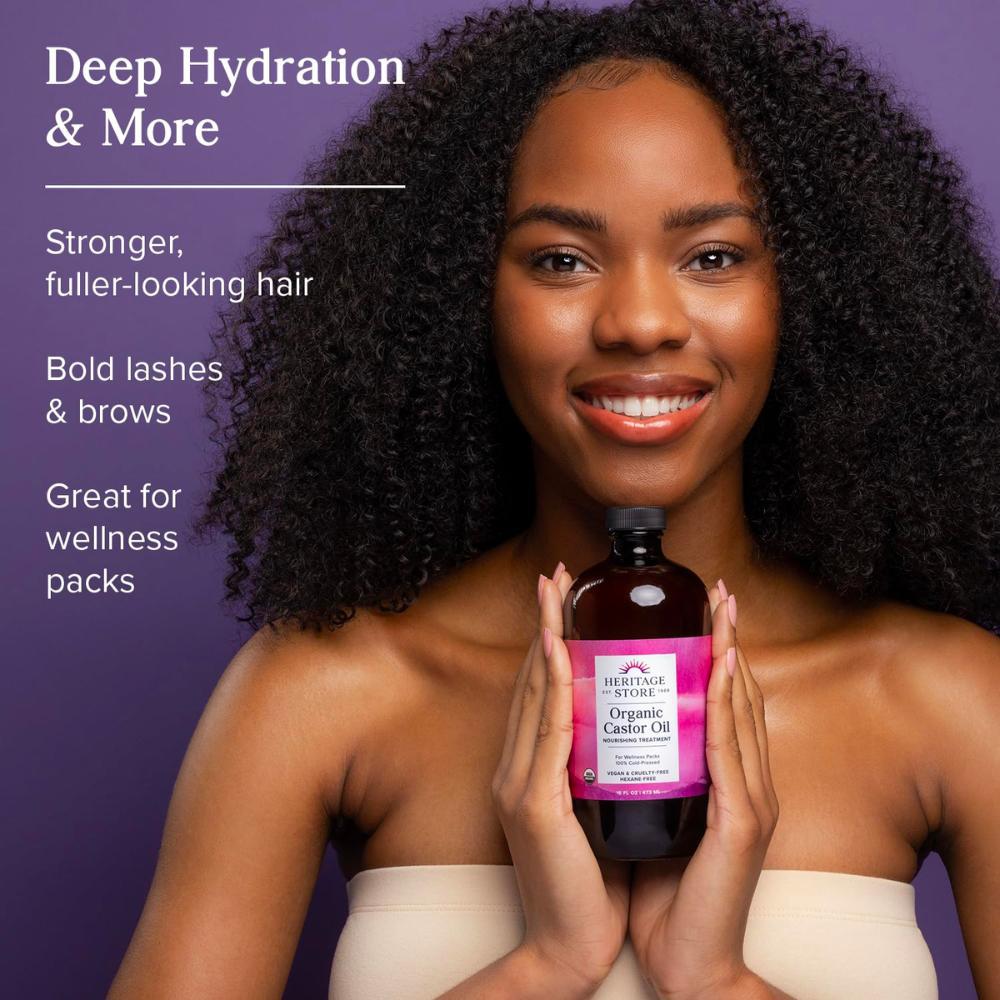 Organic castor oil for deep hydration, stronger hair, bold lashes and brows, wellness packs.