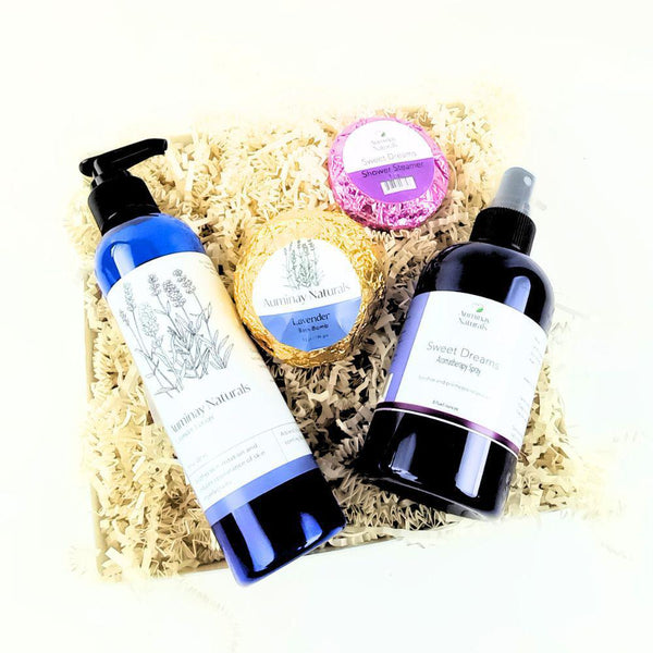 Relax Gift Set, soothing self care set with lotion, bath bomb, shower steamer, and Sweet Dreams bedtime spray. Auminay Naturals.