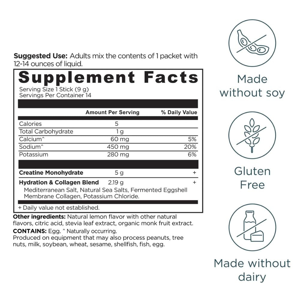 Ancient Nutrition Creatine + Collagen + Electrolytes LEMON Stick Packs 14 Count