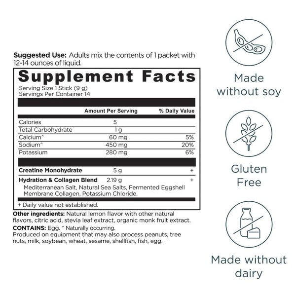 Ancient Nutrition Creatine + Collagen + Electrolytes LEMON Stick Packs 14 Count