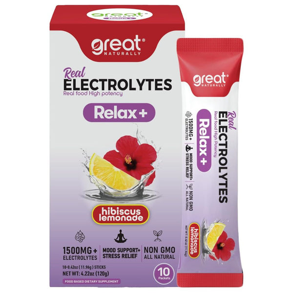Great Naturally Real Electrolytes Relax – Hibiscus Lemonade Hydration & Calm Support (10 Single Serv Packets)