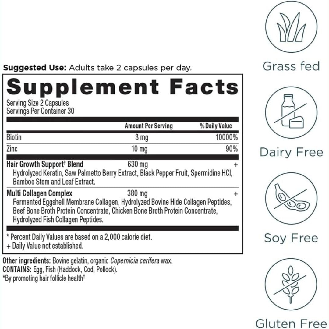Ancient Nutrition Hair Growth + Hydrolyzed Collagen - 30 Servings - 60 Caps