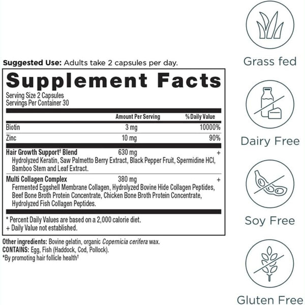 Ancient Nutrition Hair Growth + Hydrolyzed Collagen - 30 Servings - 60 Caps