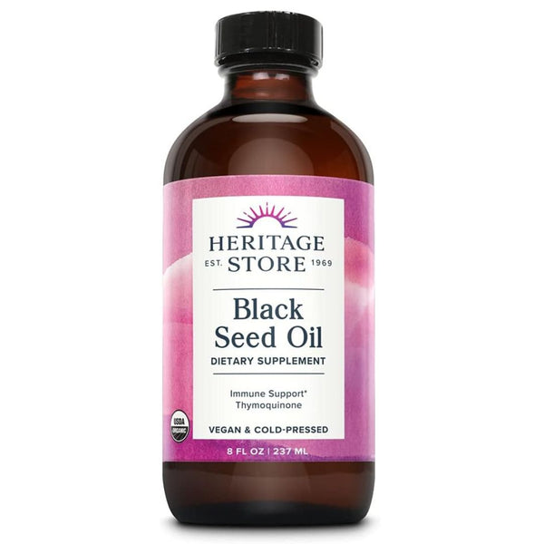 Heritage Store Organic Black Seed Oil – Cold Pressed Nigella Sativa for Immune, Heart & Beauty Support - 8 oz
