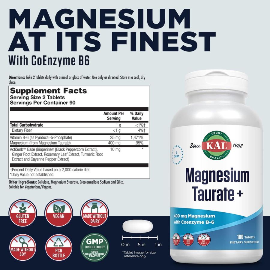 KAL Magnesium Taurate w Coenzyme B-6 - 400 mg  - 100 Tablets