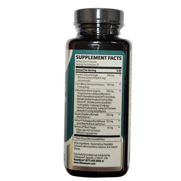LifeSeasons Turmeric & Lion's Mane Supplement Ashwagandha + 6 Mushrooms  90 VegCaps