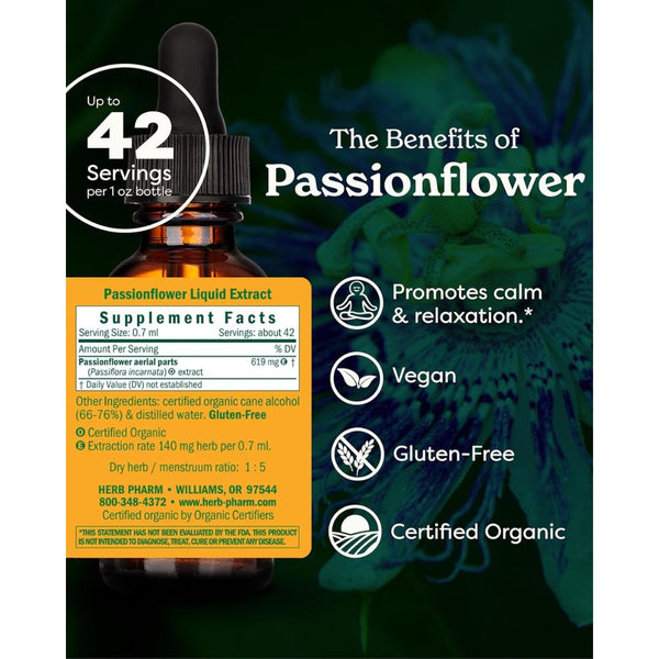 Herb Pharm Certified Organic Passionflower Extract – Calming Support for Mild & Occasional Anxiety (1 oz)