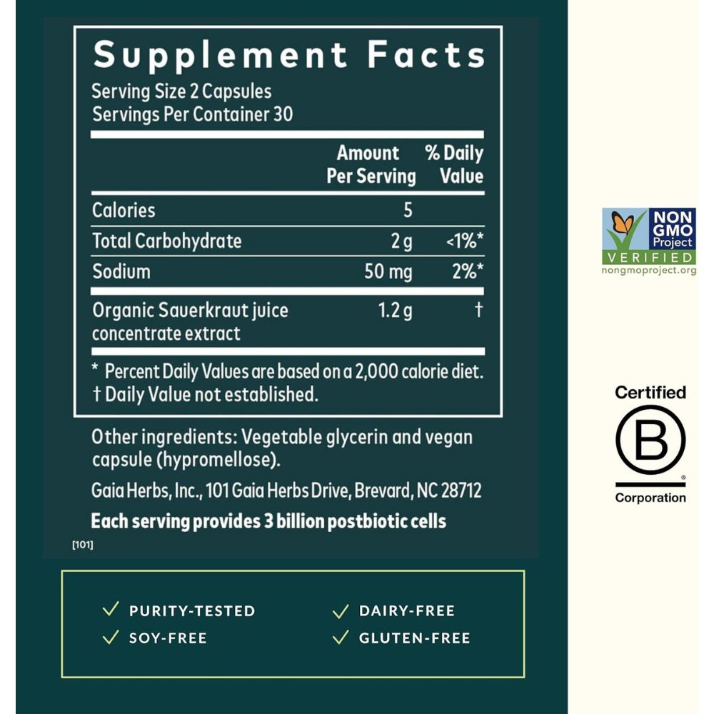 Gaia Herbs Sauerkraut Postbiotic 60 Softgels