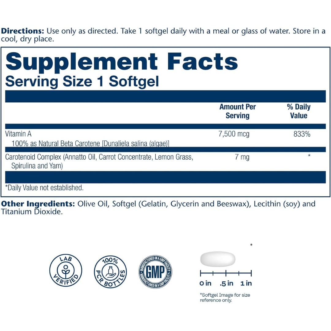 Solaray Food Carotene 7,500 mcg (25,000 IU) Beta Carotene and Vitamin A Complex 50 Softgels