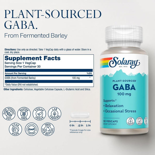 Solaray Plant-Sourced GABA – 100 mg Natural Relaxation / Stress Support  - 100 mg -30 VegCaps