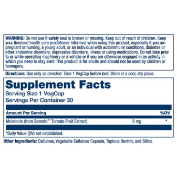 Solaray Plant-Based Melatonin – Natural Sleep Support - 3 mg - 30 VegCaps