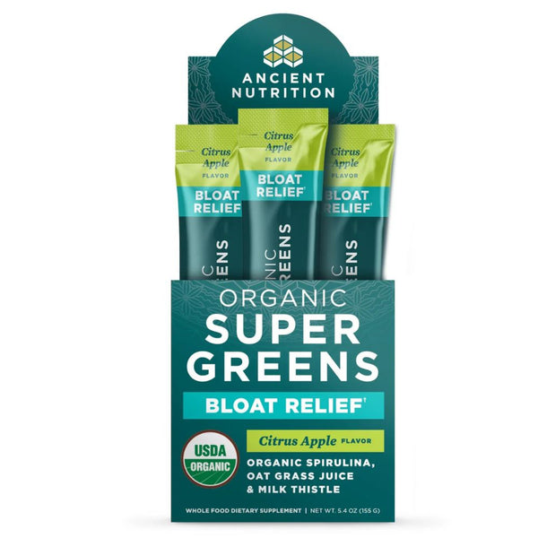 Ancient Nutrition Organic Super Greens Bloat Relief – Citrus Apple (16 Stick Packs)
