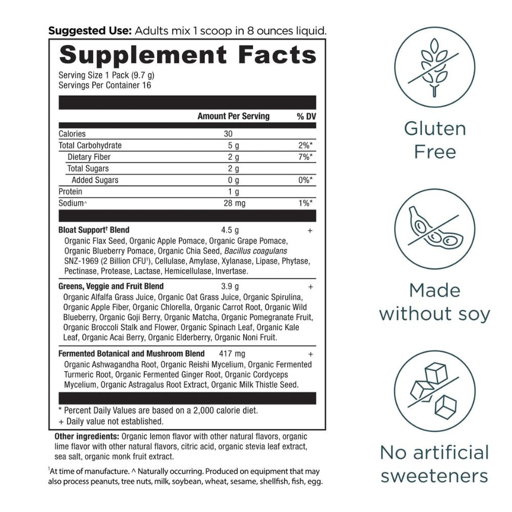 Ancient Nutrition Organic Super Greens Bloat Relief – Citrus Apple (16 Stick Packs)