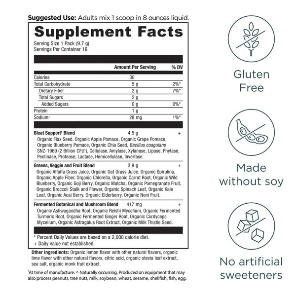 Ancient Nutrition Organic Super Greens Bloat Relief – Citrus Apple (16 Stick Packs)