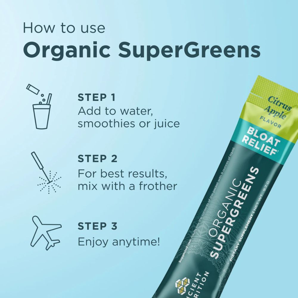 Ancient Nutrition Organic Super Greens Bloat Relief – Citrus Apple (16 Stick Packs)