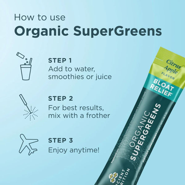 Ancient Nutrition Organic Super Greens Bloat Relief – Citrus Apple (16 Stick Packs)