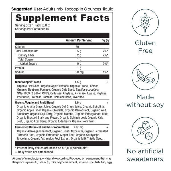 Ancient Nutrition Organic Super Greens Bloat Relief – Unflavored (16 Stick Packs)