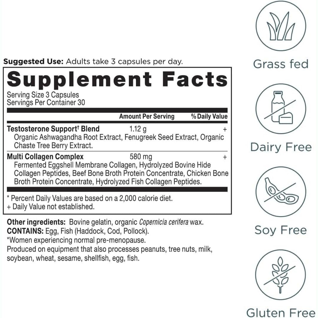 Ancient Nutrition Testosterone Support for Women Collagen - 30 Servings - 90 Caps