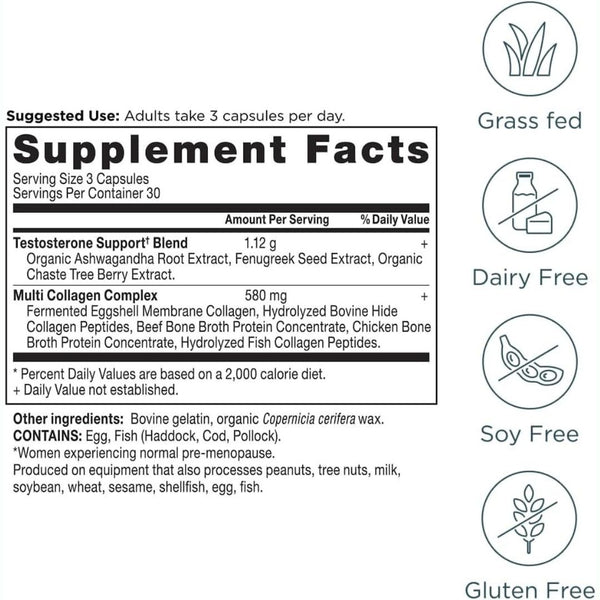 Ancient Nutrition Testosterone Support for Women Collagen - 30 Servings - 90 Caps