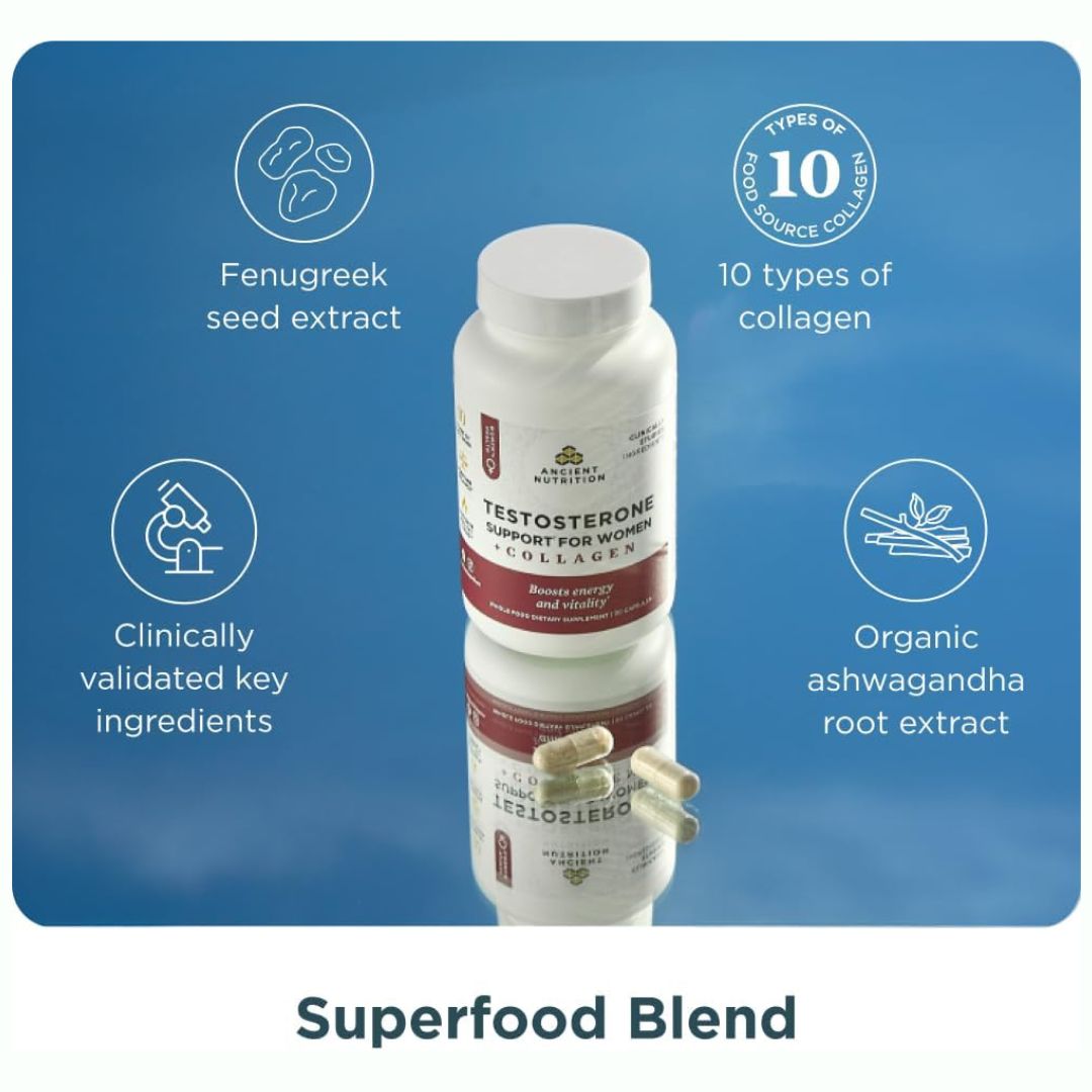 Ancient Nutrition Testosterone Support for Women Collagen - 30 Servings - 90 Caps