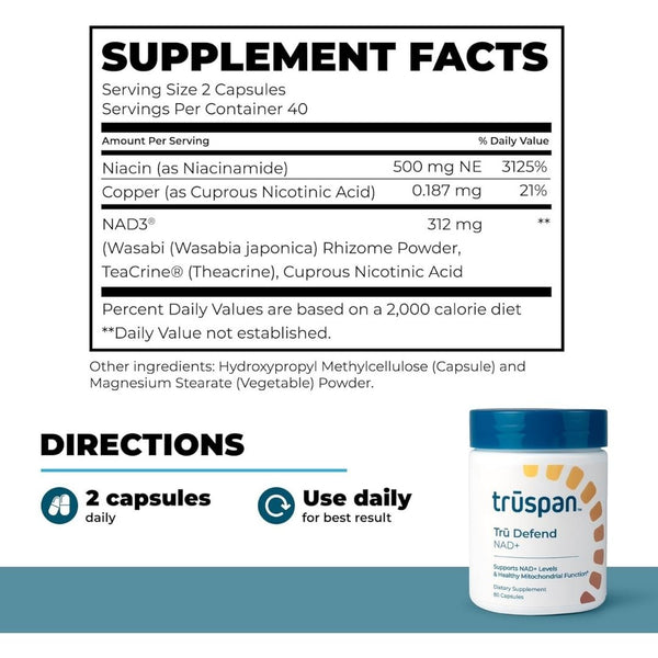 Truspan Tru Defend NAD+ Cellular Health &amp; Longevity Support 80 Caps