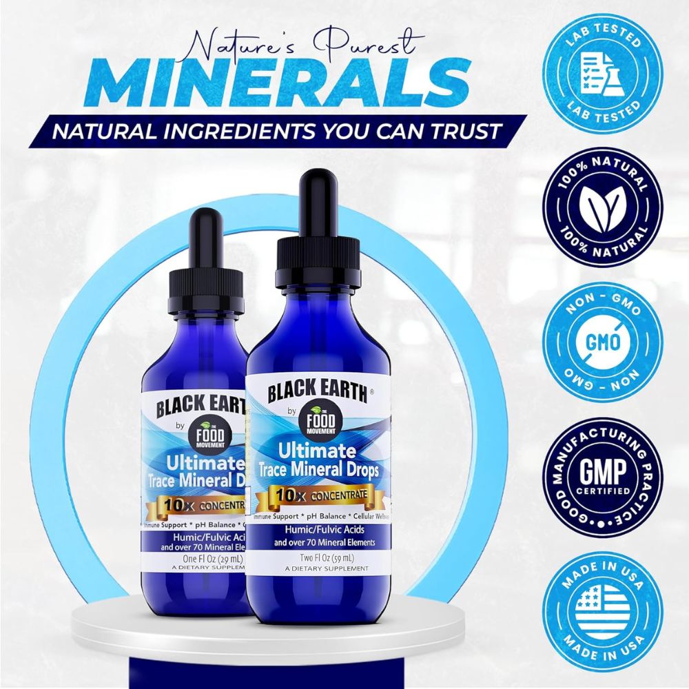 The Food Movement Co. Black Earth Ultimate Trace Minerals – 10x Strength Fulvic & Humic Acid Mineral Drops - 2 fl oz