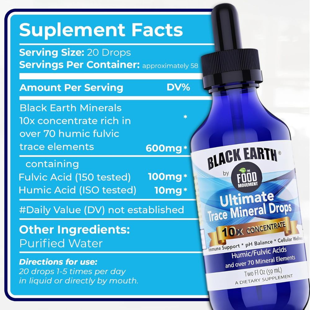 The Food Movement Co. Black Earth Ultimate Trace Minerals – 10x Strength Fulvic & Humic Acid Mineral Drops - 2 fl oz