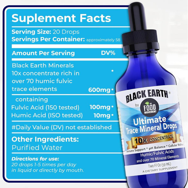 The Food Movement Co. Black Earth Ultimate Trace Minerals – 10x Strength Fulvic & Humic Acid Mineral Drops - 2 fl oz