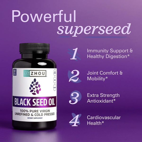 Zhou Black Seed Oil Capsules – Pure Nigella Sativa for Whole Body Wellness - 60 Caps
