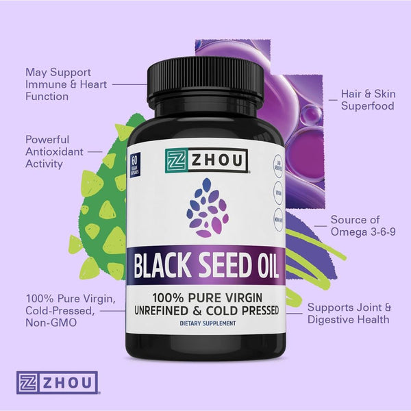Zhou Black Seed Oil Capsules – Pure Nigella Sativa for Whole Body Wellness - 60 Caps