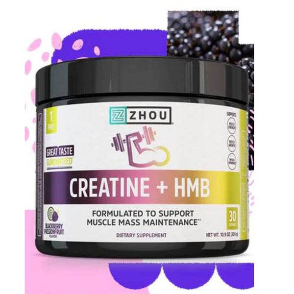 Zhou Nutrition Creatine + HMB Powder – Muscle Strength, Recovery &amp; Performance Support 10.9 oz