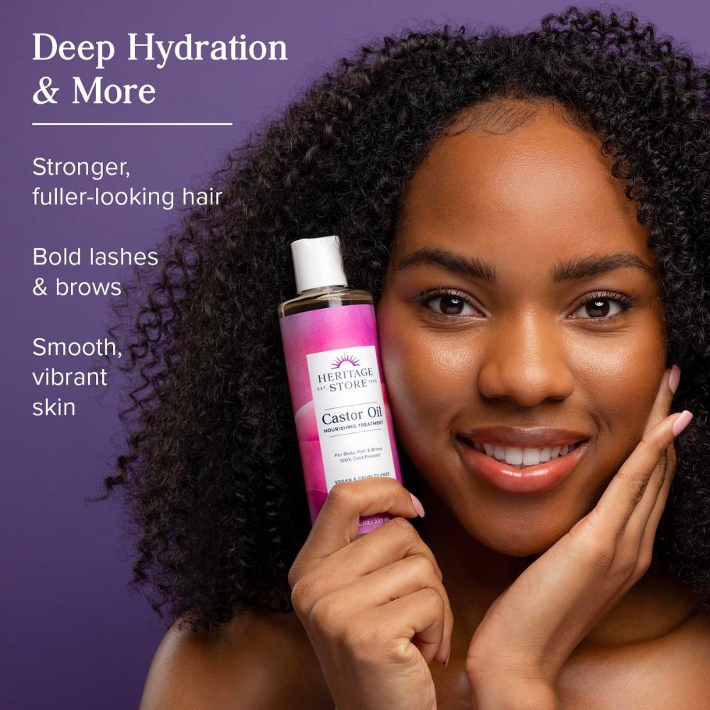 Deep Hydration and more. Castor oil. Stronger, fuller looking hair. Bold lashes and brows. Smooth, vibrant skin.
