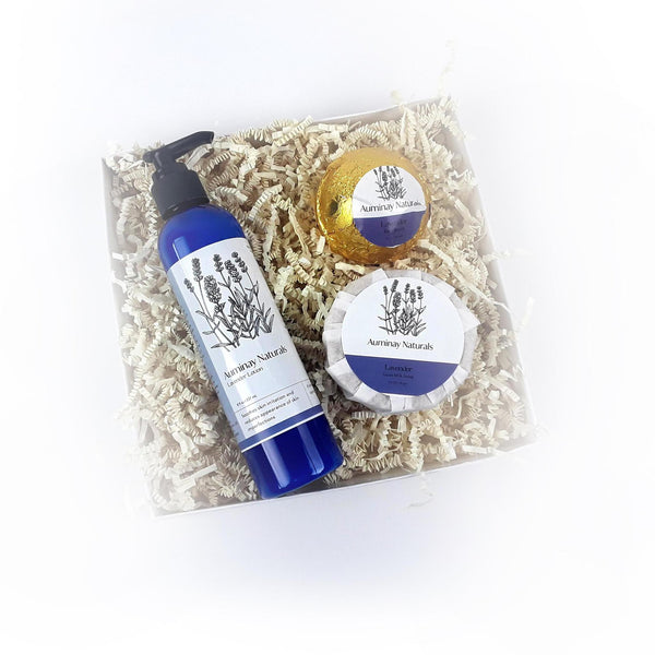 Natural Lavender Spa Set with Lotion, Bath Bomb, and Soap. Calming lavender self care from Auminay Naturals.