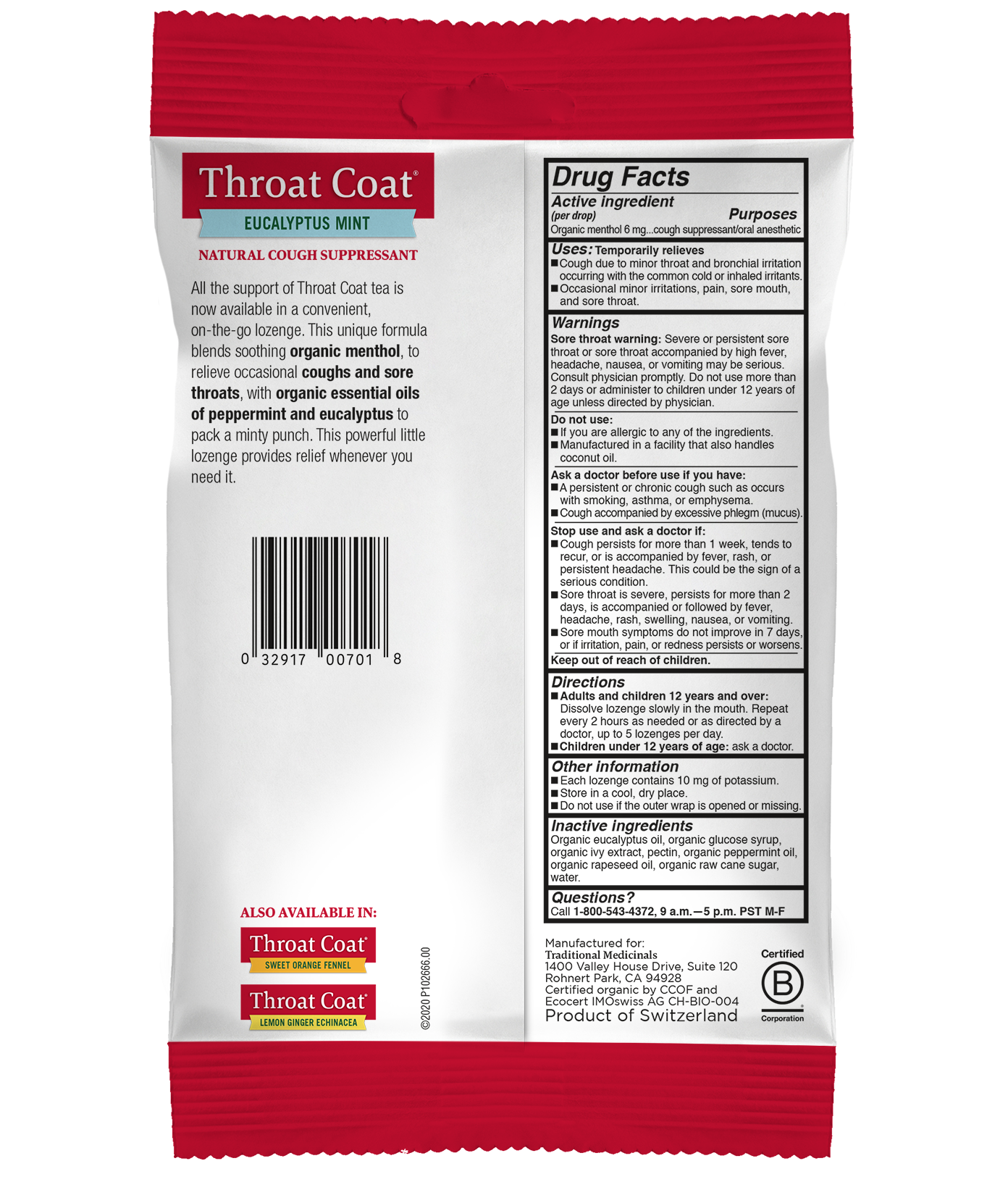 Traditional Medicinals Throat Coat-Cough Drops  Eucalyptus Mint, 16 ct