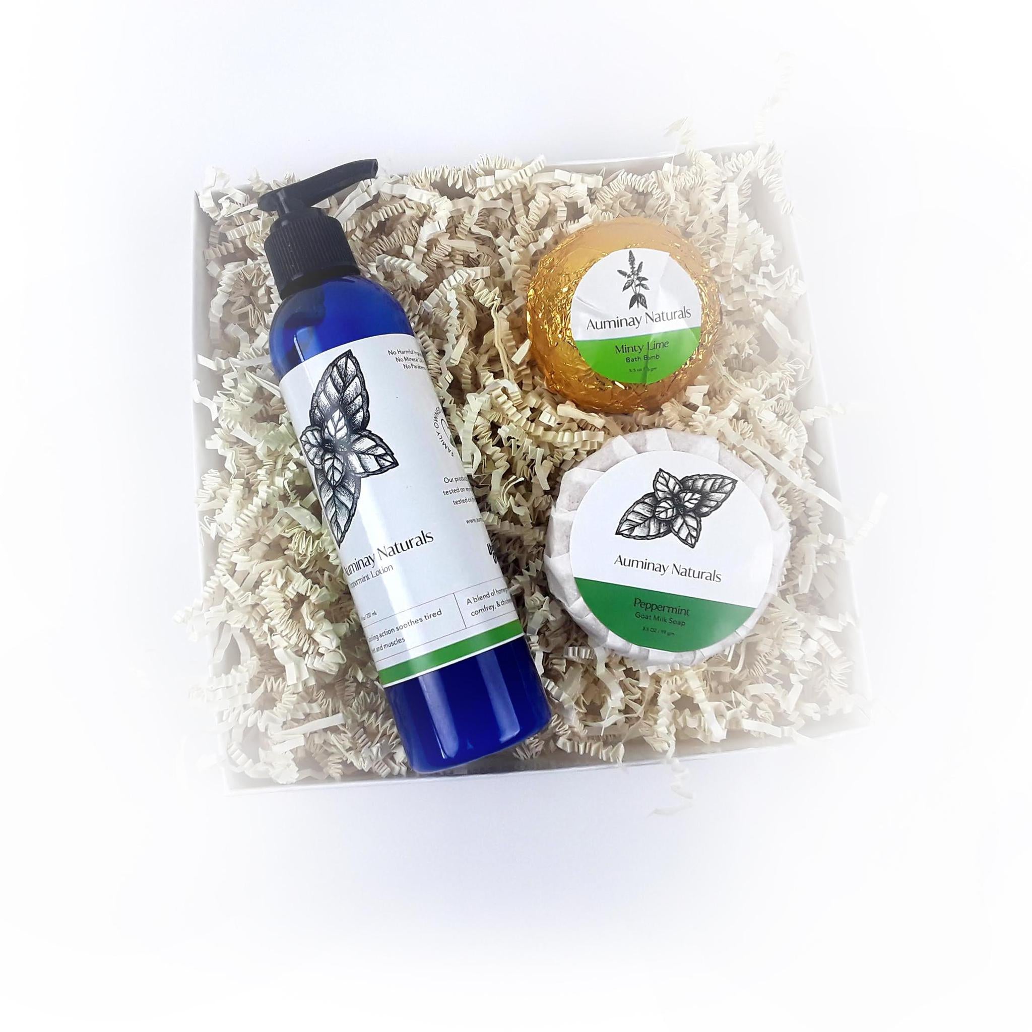 Peppermint Spa Set. Refreshing self care gift with lotion, bath bomb, and goat milk soap from Auminay Naturals.