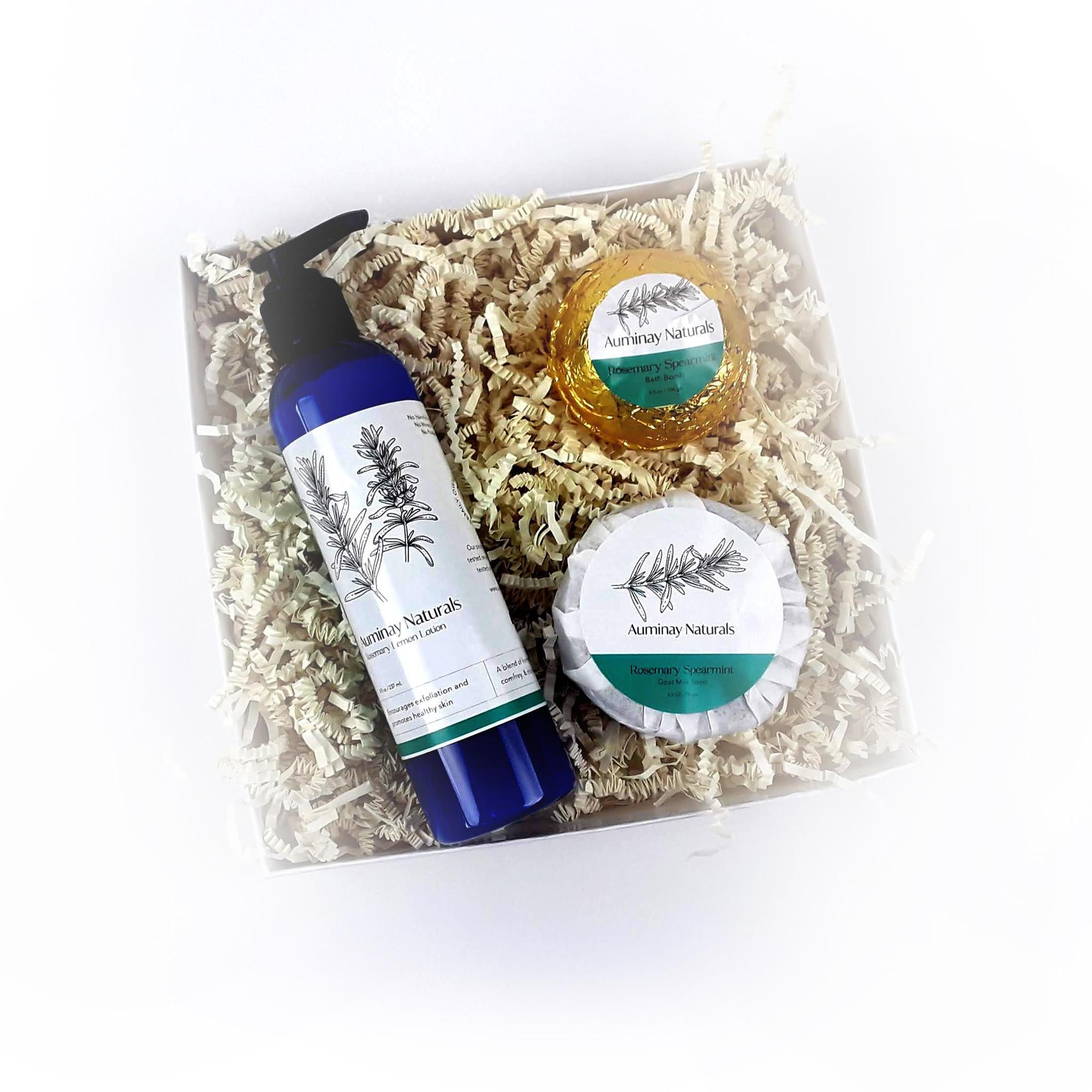 Rosemary Spa Set | Balancing self care gift set with lotion, bath bomb, and goat milk soap from Auminay Naturals.